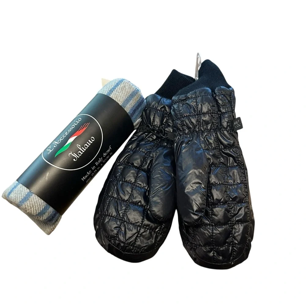 Black Quilted Mittens with Blue Striped Scarf